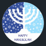 Hanukkah Menorah Sticker<br><div class="desc">Eine weiße grafische Hanukkah menorah sitzt vor einem winterblauen Hintergrund auf diesem Aufkleber. Zwei Blautöne bilden einen Kontrast zu den Schneeflocken und den Sternen des Hintergrundes. Fügen Sie Ihre eigene Hanukkah-Nachricht ganz nach Ihren Wünschen hinzu und beginnen Sie, dieses Label auf allem zu kleben! Erhältlich in passender Porto, Karten und...</div>