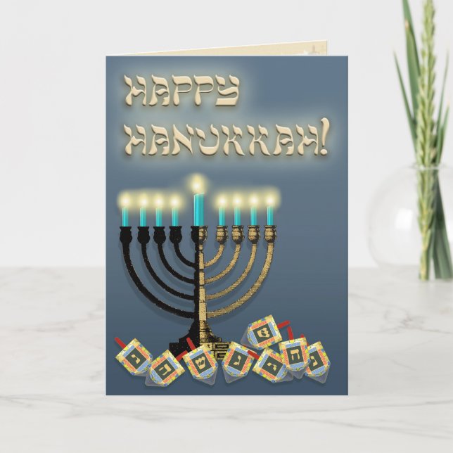 Hanukkah Menorah und Dreidels Feiertagskarte (Vorderseite)