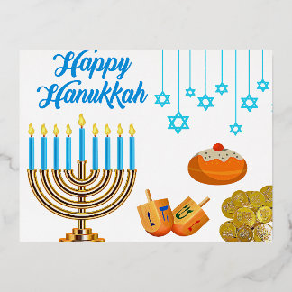 Hanukkah Menorah with Candles and Traditional Item Folien Feiertagspostkarte