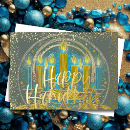 Hanukkah Menorah Zeichnend Gelb Blau Grau Folien Feiertagskarte