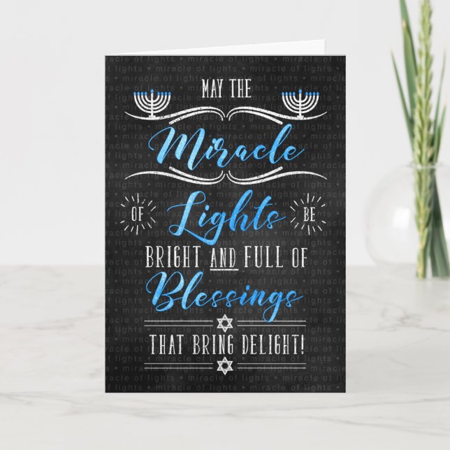 Hanukkah Miracle Lights Chalkboard Thema Feiertagskarte (Vorderseite)