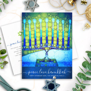 Hanukkah Modernes Skript Blue Green Menorah Stilvo Feiertagspostkarte