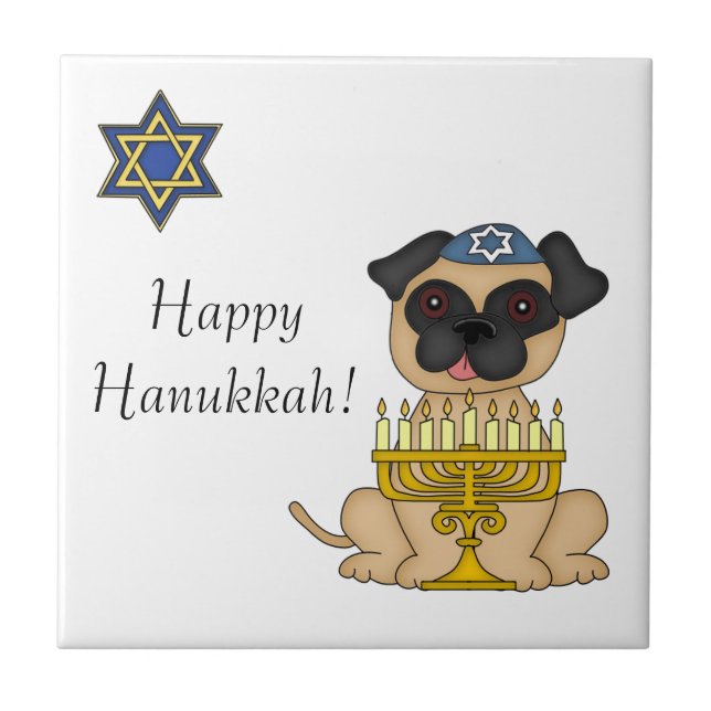 Hanukkah-Mops Hund mit Menorah Fliese (Vorderseite)
