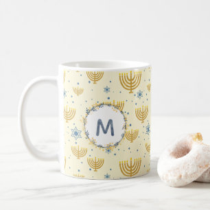 Hanukkah Muster + Navy Blue Watercolor Monogram Kaffeetasse