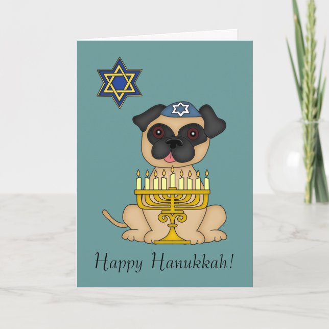 Hanukkah-Niedlicher jüdischer Mops Hund Feiertagskarte (Vorderseite)