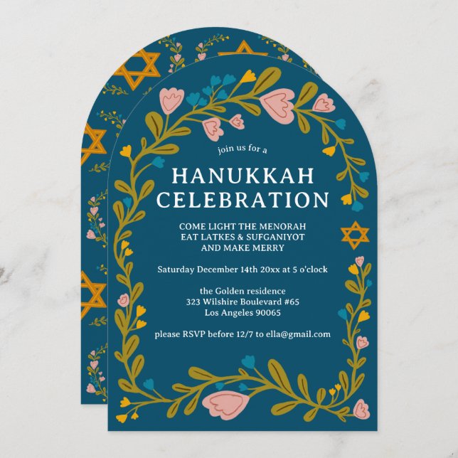 HANUKKAH PARTY Blumenreath Handgezeichnet Custom Einladung (Vorne/Hinten)