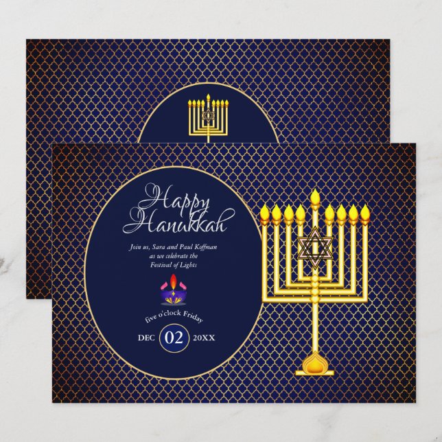 Hanukkah Party Einladung Blue Gold Menorah 3 (Vorne/Hinten)