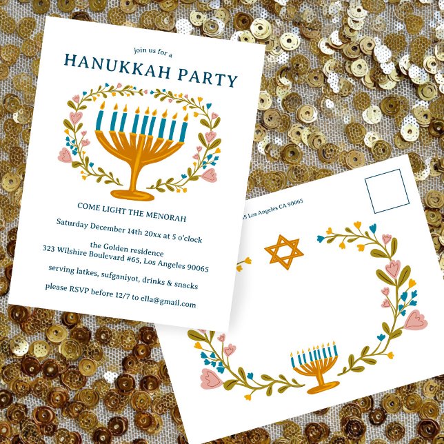 HANUKKAH Party Einladung Blumenkranz CUSTOM Postkarte (HANUKKAH PARTY Invitation floral wreath CUSTOM Postcard
)