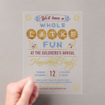 Hanukkah Party Funny | Gesamter Latke Fun<br><div class="desc">Diese Acryl-Hanukkah-Party Einladungen haben den humorvollen Satz: "Wir werden einen ganzen Latke-Spaß haben." Sie sind mit Zeichnungen von dreiköpfigen, menorahs und weiteren Verzierungen versehen. Die Farbpalette ist grau-blau, Marsala rot, Gold und braun auf dem klaren Acryl einladen. Wirf ein lustiges Hanukkah Party mit diesen einzigartigen Einladungen! Verwenden Sie die einfachen...</div>