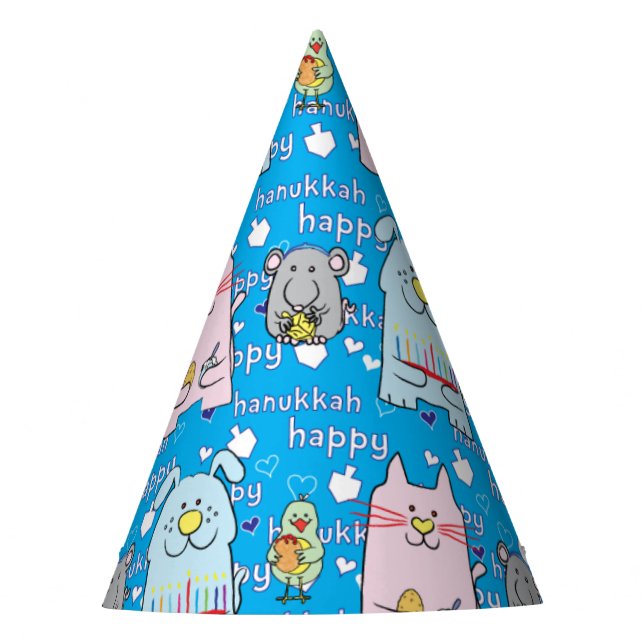 Hanukkah Party Hat "Hund, Katze, Maus und Vogel" Partyhütchen (Vorderseite)