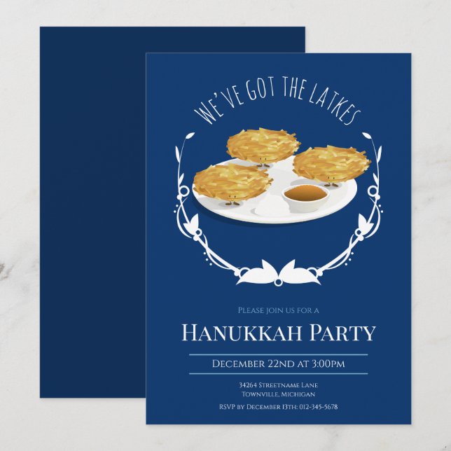 Hanukkah Party lächeln Latkes Blue White Holiday Einladung (Vorne/Hinten)