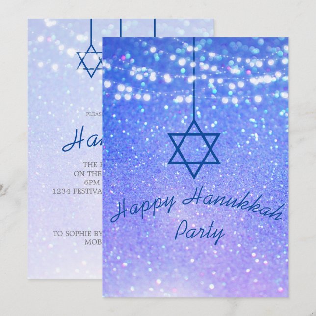 Hanukkah Party Lights Glitzer Blue Star David Einladung (Vorne/Hinten)