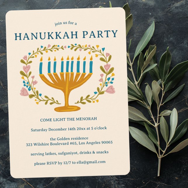 HANUKKAH PARTY Menorah Blumenreath CUSTOH Einladung (HANUKKAH PARTY Menorah floral wreath CUSTOM Invitation
)