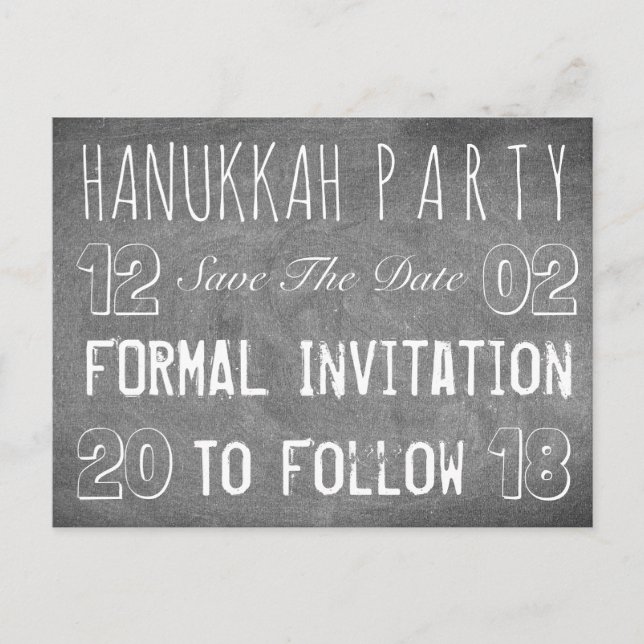 Hanukkah-Party Save the Date Chalkboard-Stil Ankündigungspostkarte (Vorderseite)