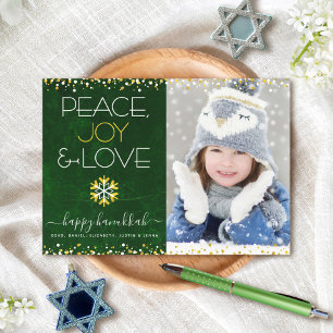 Hanukkah Peace Joy Love Snowflake Green Photo Flat Feiertagskarte