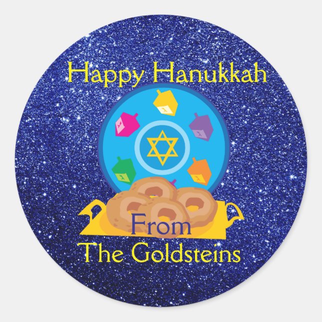 Hanukkah Plate mit Dreidels Blue Imitats Glitzer Runder Aufkleber (Vorderseite)