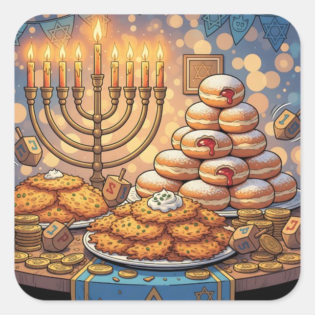 Hanukkah Potato Pancakes, Menorah and Jelly Rolls Quadratischer Aufkleber (Vorderseite)