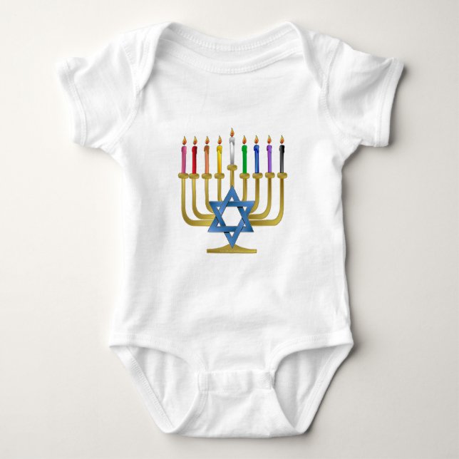 Hanukkah Rainbow Candles Gold Menorah Baby Strampler (Vorderseite)