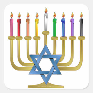 Hanukkah Rainbow Candles Gold Menorah Quadratischer Aufkleber