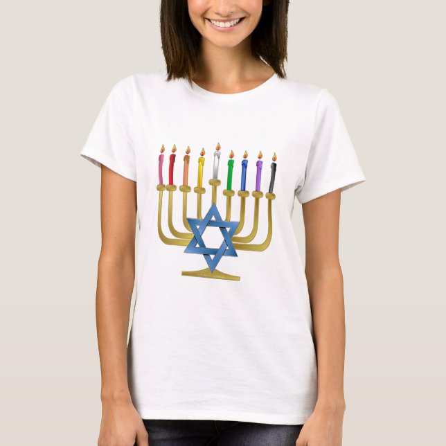 Hanukkah Rainbow Candles Gold Menorah T-Shirt (Vorderseite)