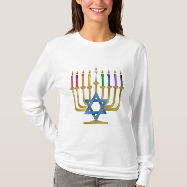 Hanukkah Rainbow Candles Gold Menorah T-Shirt (Vorderseite)