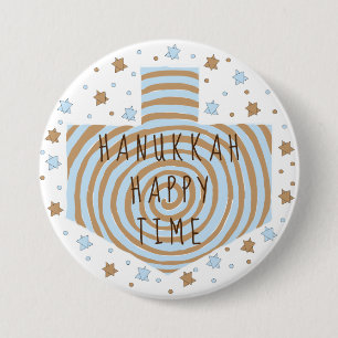 Hanukkah Round Button, Blue/Tan Dreidel Stars Button