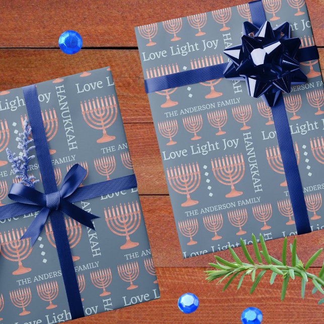 Hanukkah Rustic Menorah Liebe Light hinzufügen Geschenkpapier (Love, Light, Joy - custom Hanukkah gift wrap with your name, rustic menorahs and modern typography)