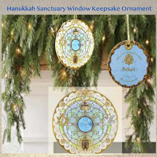 Hanukkah Sanctuary Window Keramik Ornament (The look of lustrous gold foil accents shines on this lovely ornament depicting symbols of faith.)