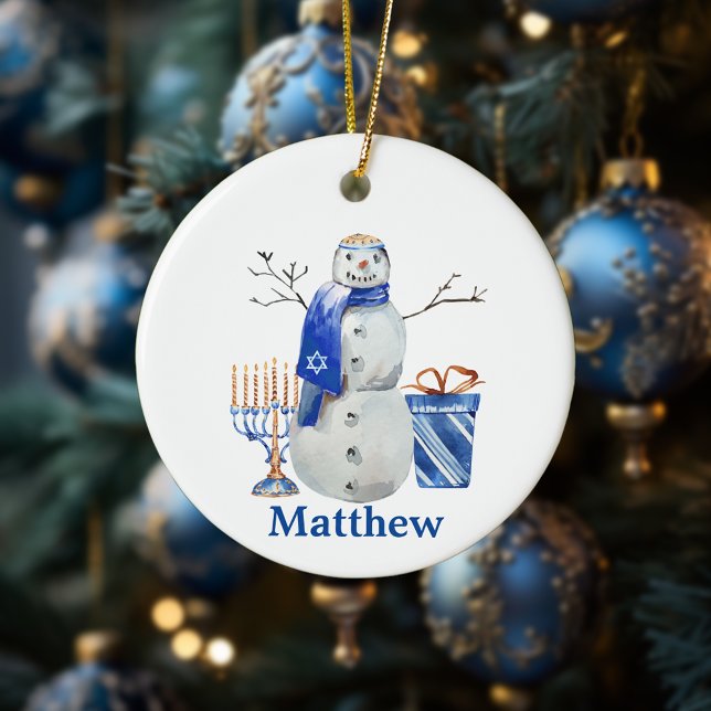 Hanukkah Snowman Blue Personalisierter Name Menora Keramik Ornament (Von Creator hochgeladen)