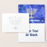 Hanukkah Snowstorm Menorah Folienkarte<br><div class="desc">Eine leuchtende goldene Hanukkah menorah und "Happy Hanukkah" in leuchtendem blau-weiß-Text überlagert auf einem blau-weiß-Fraktal Bild erinnert an Schneeflocken in einem Sturm. Chag Sameach!</div>