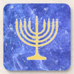 Hanukkah Snowstorm Menorah Untersetzer<br><div class="desc">Eine goldene Hanukkah menorah überlagert auf einem blau-weiß-Fraktal Bild erinnert an Schneeflocken in einem Sturm. Chag Sameach!</div>