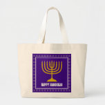 HANUKKAH Star David Menorah Personalized Purple Jumbo Stoffbeutel<br><div class="desc">Stylish tote bag with gold colored menorah and silver colored Star of David on a royal rich PURPLE background. The greeting HAPPY HANUKKAH is customizable so you can add your name or change the greeting. Other matching items are available in the HANUKKAH Collection by Berean Designs, so you can create...</div>