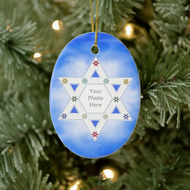 Hanukkah Star und Schneeflocken Blau für Foto Keramik Ornament (Baum)