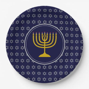HANUKKAH Star von David Menorah Blue Silver Pappteller