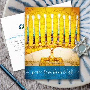 Hanukkah Stylish Yellow Gold Menorah Script Aquama Feiertagspostkarte