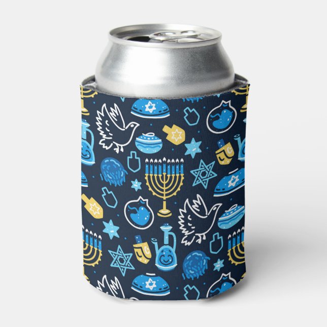 Hanukkah Symbole Blaues Muster Dosenkühler (Kanne Vorderseite)
