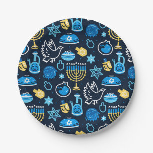 Hanukkah Symbole Blaues Muster Pappteller