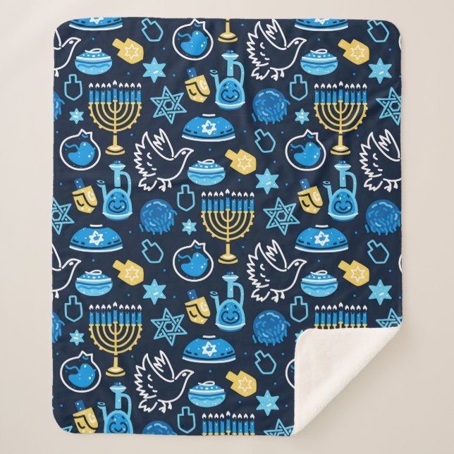 Hanukkah Symbole Blaues Muster Sherpadecke (Vorderseite)