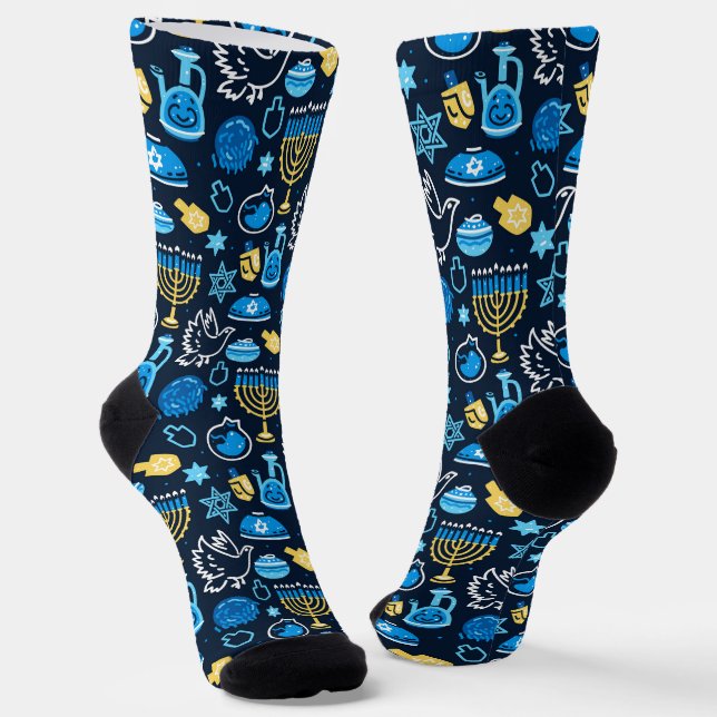 Hanukkah Symbole Blaues Muster Socken (Gewinkelt)