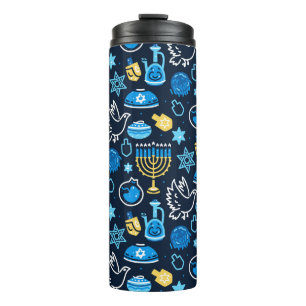 Hanukkah Symbole Blaues Muster Thermosbecher