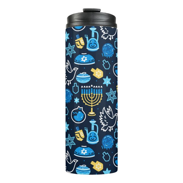 Hanukkah Symbole Blaues Muster Thermosbecher (Vorderseite)