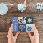 Hanukkah Symbos Quilt Foto Card<br><div class="desc">In Menorah hat Star of David and Dreidel with a quilt look wish friends and family Eight Magical Days on this charming Foto Card. Reverse side has a blue quilted look. Customize with your Family's Foto and Names for a truly personal Hanukkah greeting!</div>