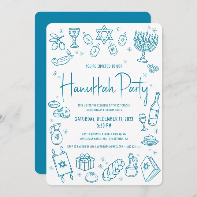 Hanukkah Teal Hand Drawn Doodles Whimsical Party Einladung (Vorne/Hinten)