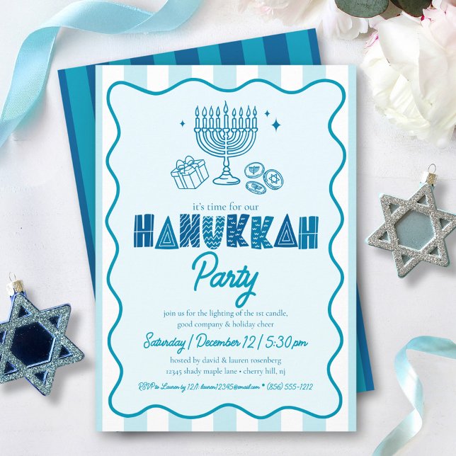 Hanukkah Turquoise Fun Typography Doodles Stripes Einladung (Von Creator hochgeladen)