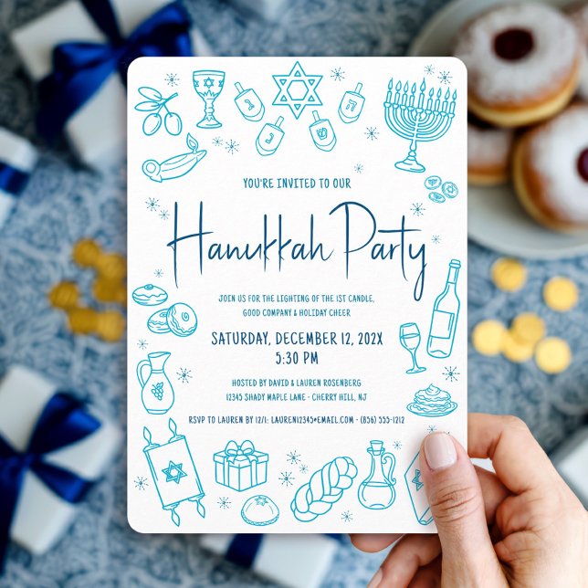 Hanukkah Turquoise Hand Drawn Doodle Playful Party Einladung (Von Creator hochgeladen)