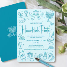 Hanukkah Turquoise Hand Drawn Fun Whimsical Party
