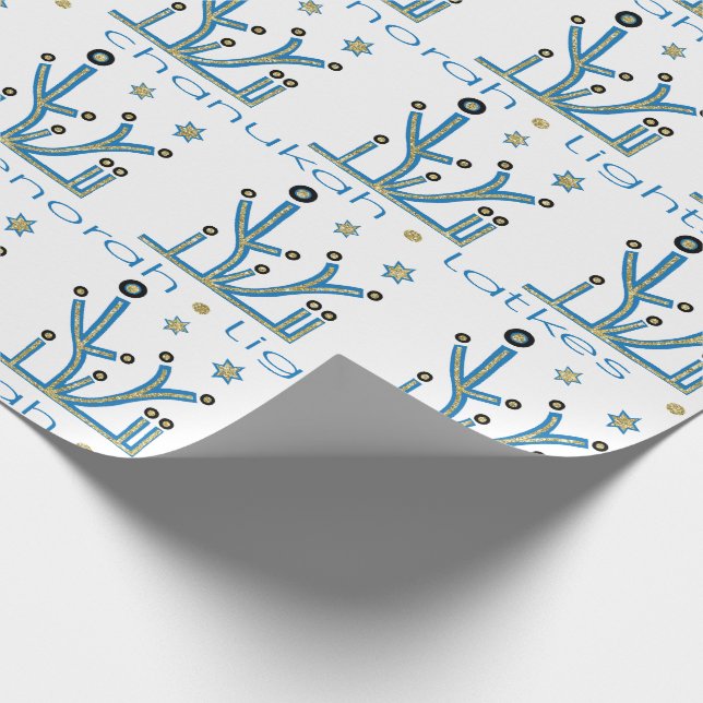 Hanukkah Wrapping Paper "Blue Bling Menorahs" Geschenkpapier (Ecke)