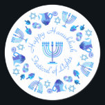 Hanukkiah Happy Hanukkah Jewish Holiday Menorah Runder Aufkleber<br><div class="desc">Hanukkiah-Symbol. Happy Hanukkah Party Jüdischer Urlaub Blue Menorah. Jüdisches Holiday Chanukkah Dekoration mit traditionellem Chanuka Dekorationssymbol - Navy Blue Farbe hanukkiah menorah, Kerzenhalter mit Kerzen, Stern von David und neon blaue Lichter Illustration. Hanukkah Festival der Lichter Event Dekoration. Jerusalem, Israel. Geschenkartikel & Party > Geschenkartikel > Aufkleber & Etiketten. Judaika...</div>