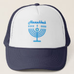 Hanukkiah Happy Hanukkah Jewish Holiday Menorah Truckerkappe<br><div class="desc">Hanukkiah Symbol. Happy Hanukkah Party Jewish Holiday Blue Menorah. Jewish Holiday Chanukkah Decoration with traditional Chanuka decorative symbol - Navy Blue color hanukkiah menorah, candlestick with candles, star of David and neon blue glowing lights illustration. Hanukkah Festival of lights Event Decoration. Jerusalem, Israel. Accessories > Hats & Hair Accessories >...</div>