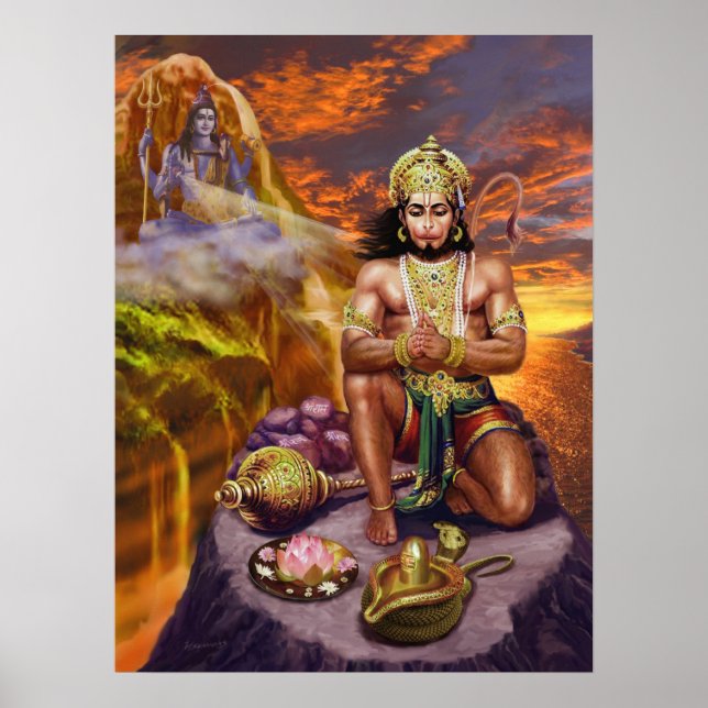 Hanuman, der Shivas Segnungen entgegennimmt Poster (Vorne)